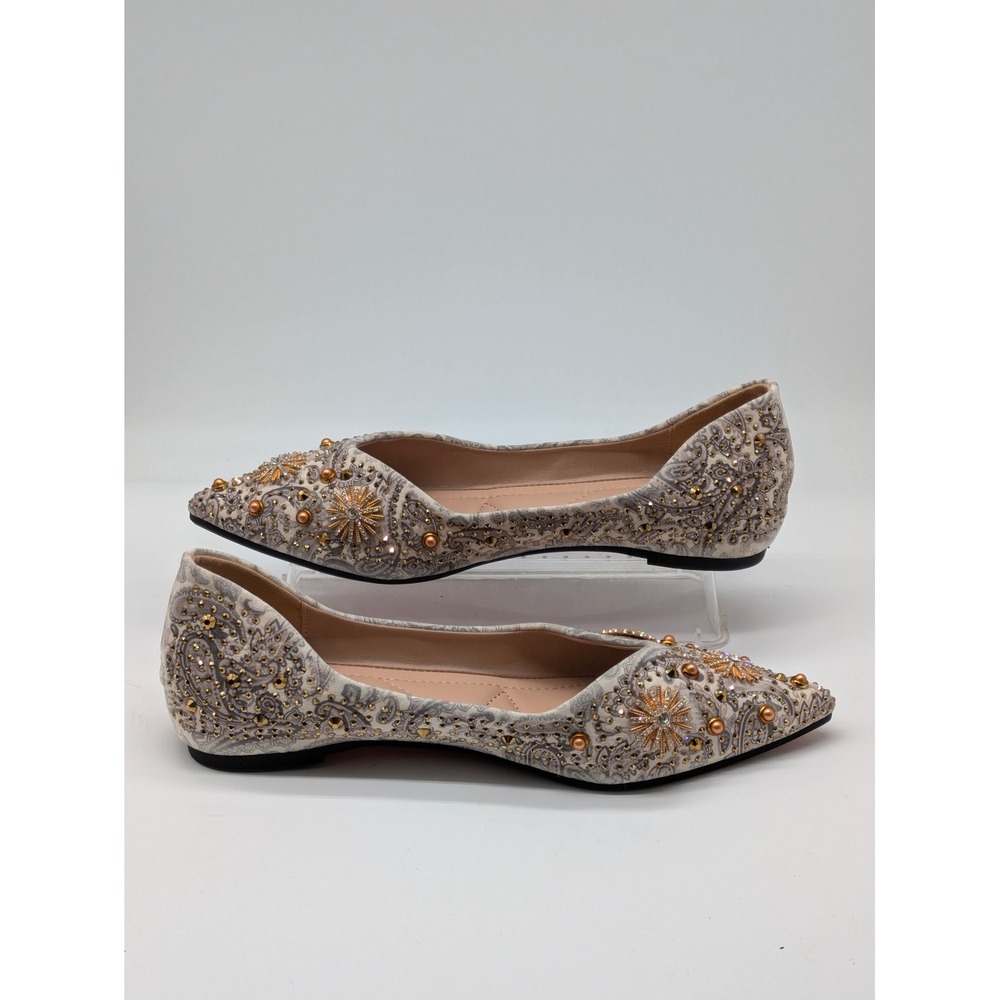 Women's Embellished Pointed Ballet Flats Beige Gold Studded Rhinestone Sz 10.5